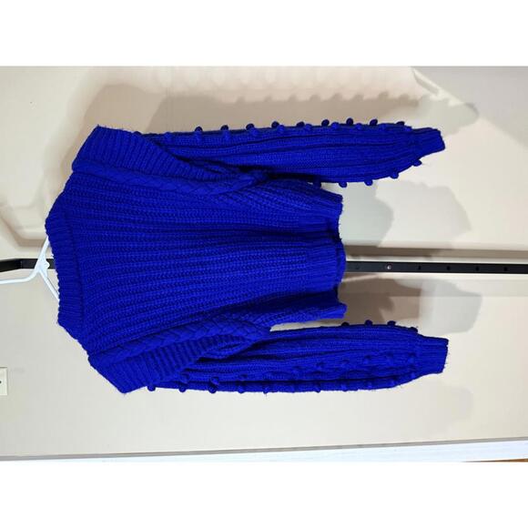 Farm Rio Small Blue Knit Women's Crew Neck Sweater with Textured Sleeves - Picture 7 of 8